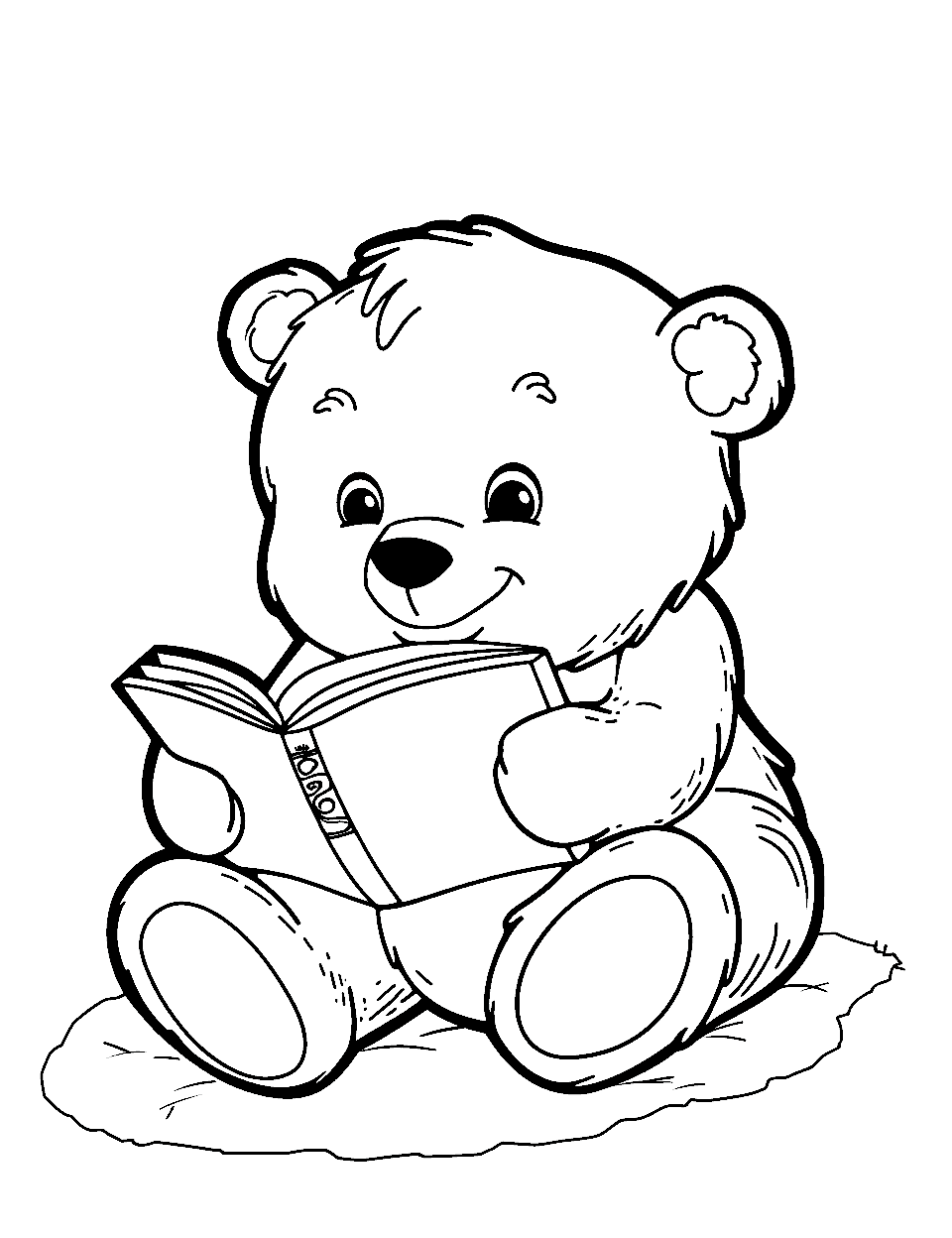 Reading Teddy Bear Coloring Page - A teddy bear sitting and reading a book with a happy expression.
