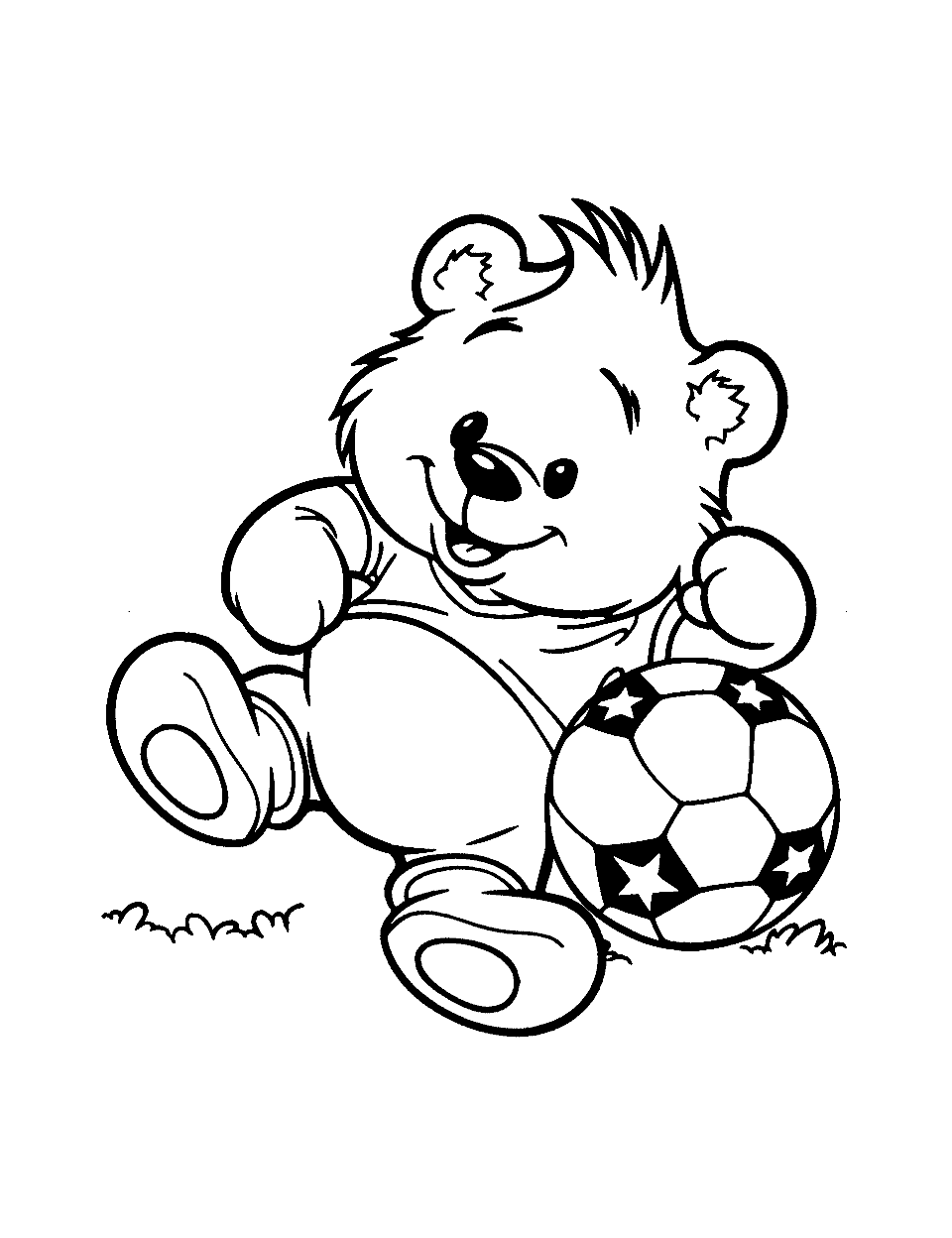 Sporty Teddy Bear Coloring Page - A teddy bear playing with a soccer ball.