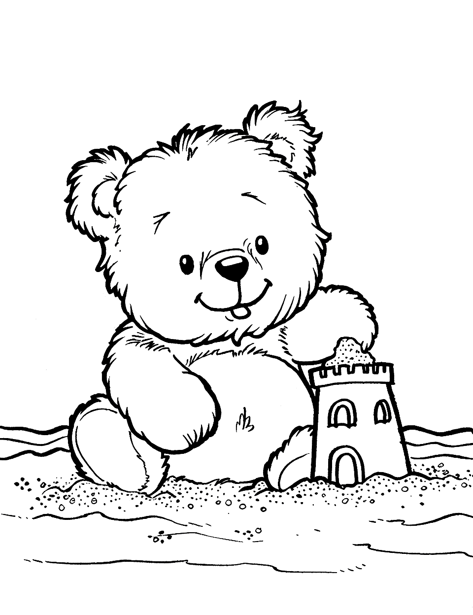 Beach Day Teddy Bear Coloring Page - A teddy bear building a sandcastle on the beach.