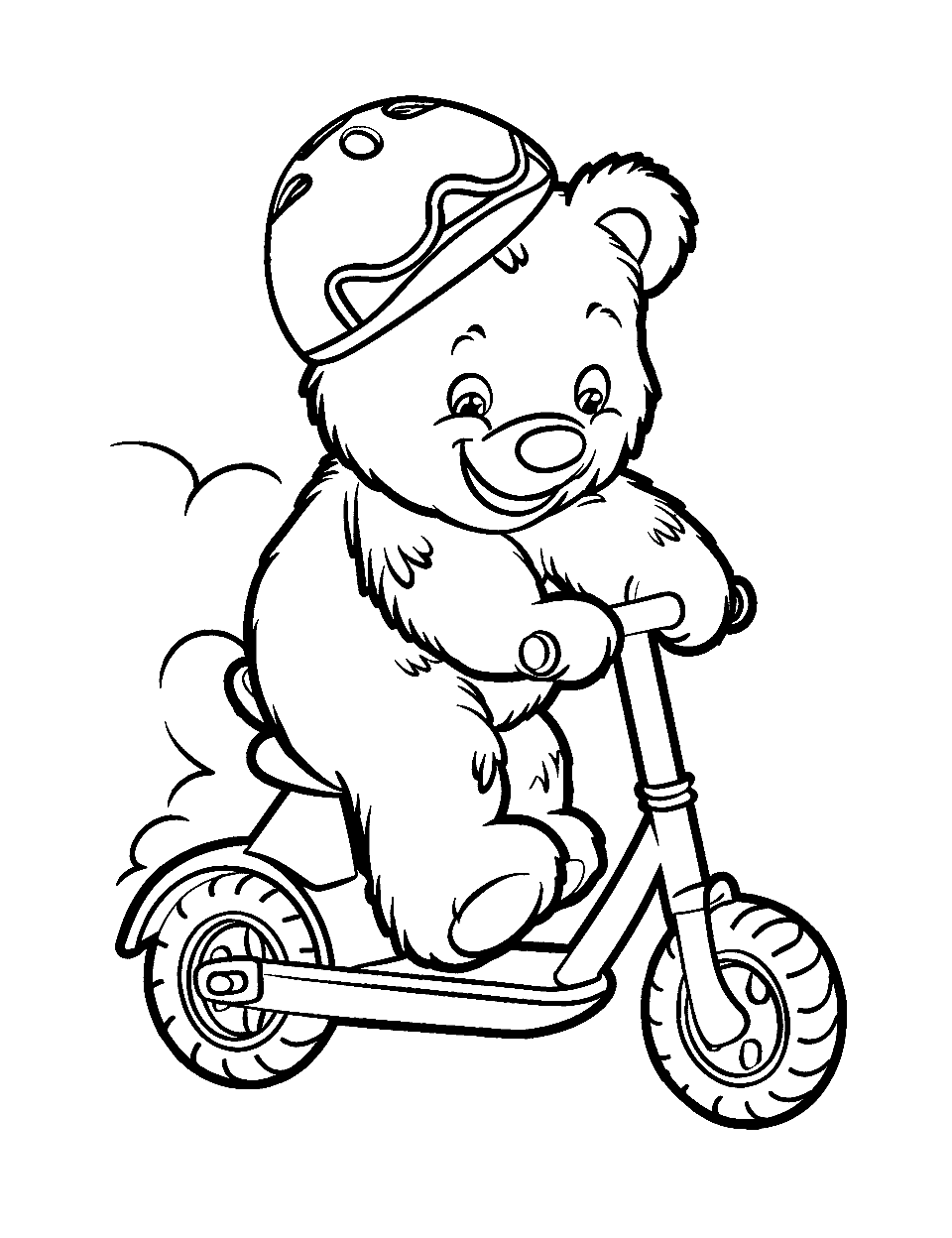 Teddy Bear with a Scooter Coloring Page - A teddy bear riding an electric scooter, helmet on the head.