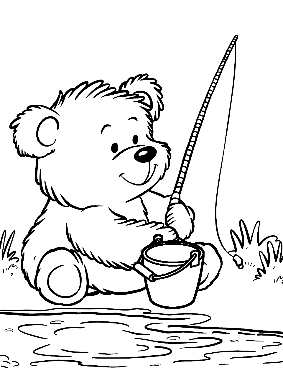 Fishing Teddy Bear Coloring Page - A teddy bear sitting by a pond with a fishing rod.