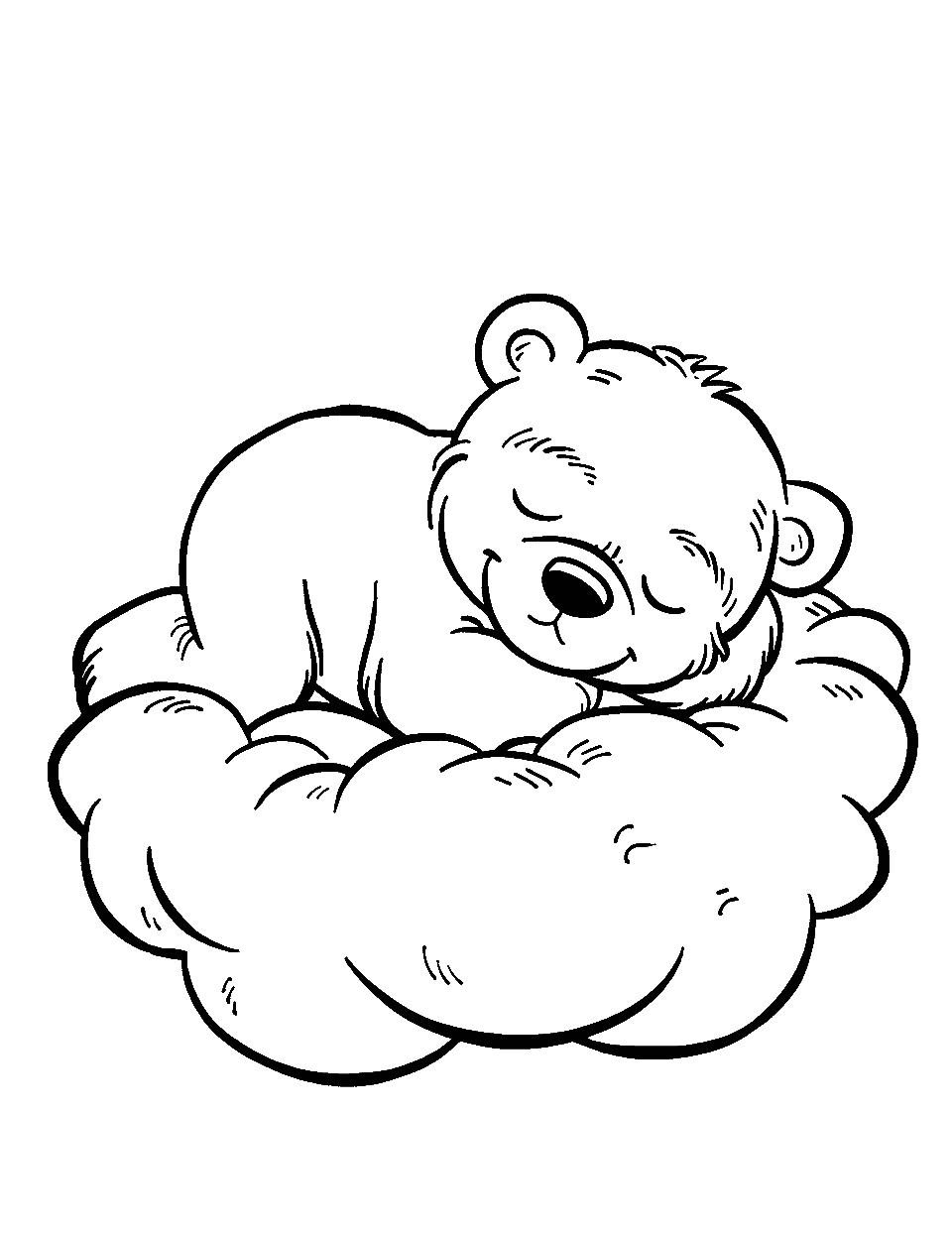 Baby Teddy Bear Nap Time Coloring Page - A baby teddy bear sleeping peacefully on a cloud.