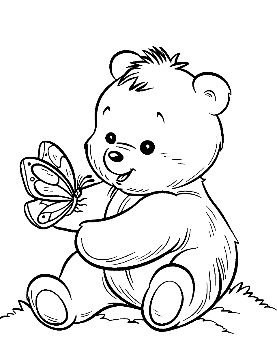 Teddy Bear and a Butterfly Coloring Page - A teddy bear gently holding a butterfly on its paw.