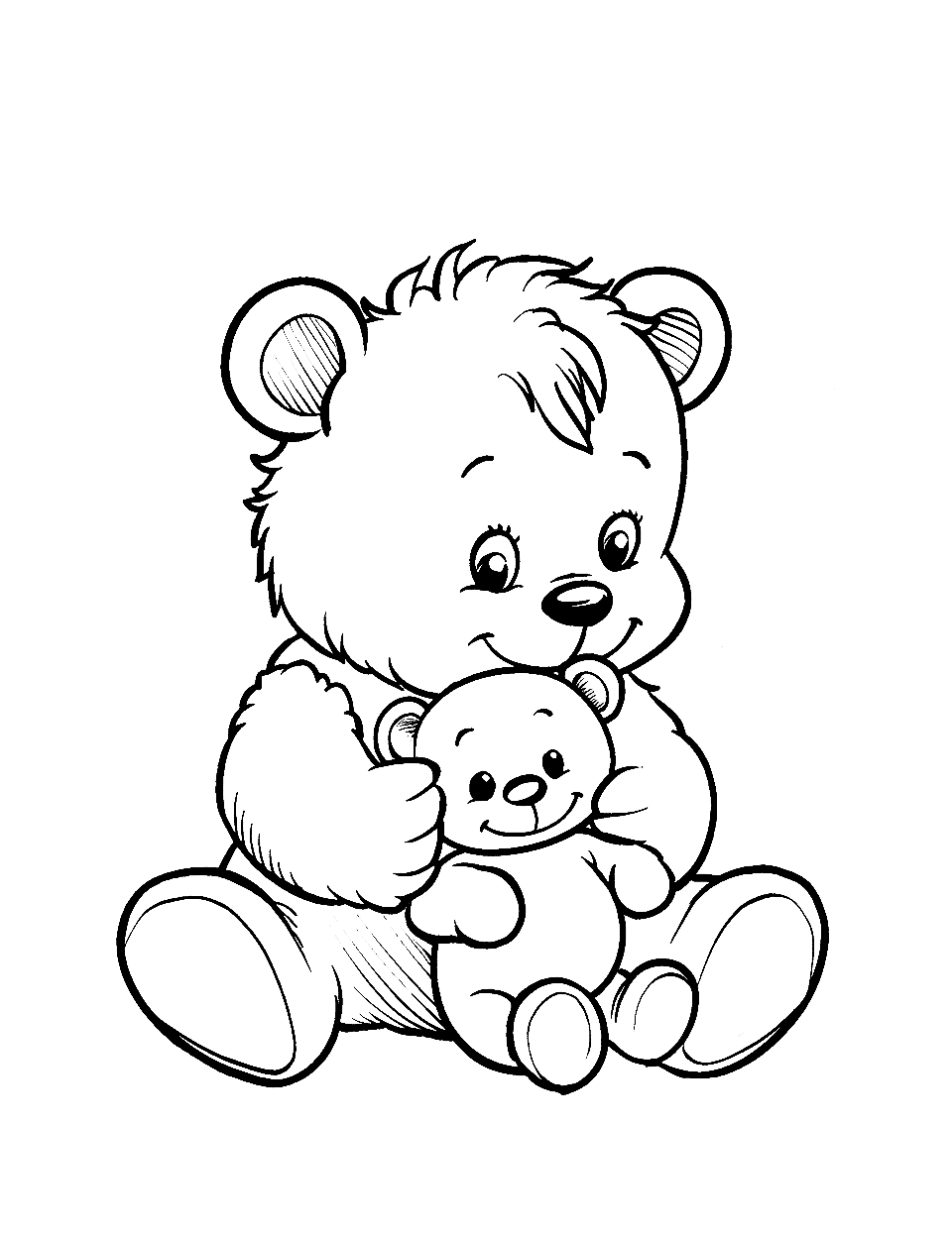 Two Teddies Coloring Page - A teddy bear holding a smaller teddy bear lovingly.