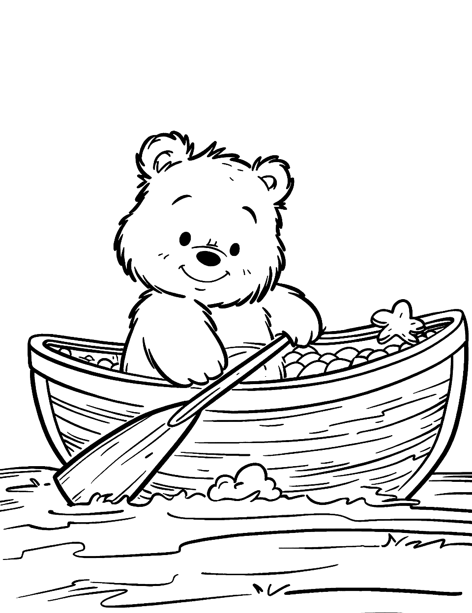 Teddy Bear in a Boat Coloring Page - A teddy bear rowing a small boat in a pond.