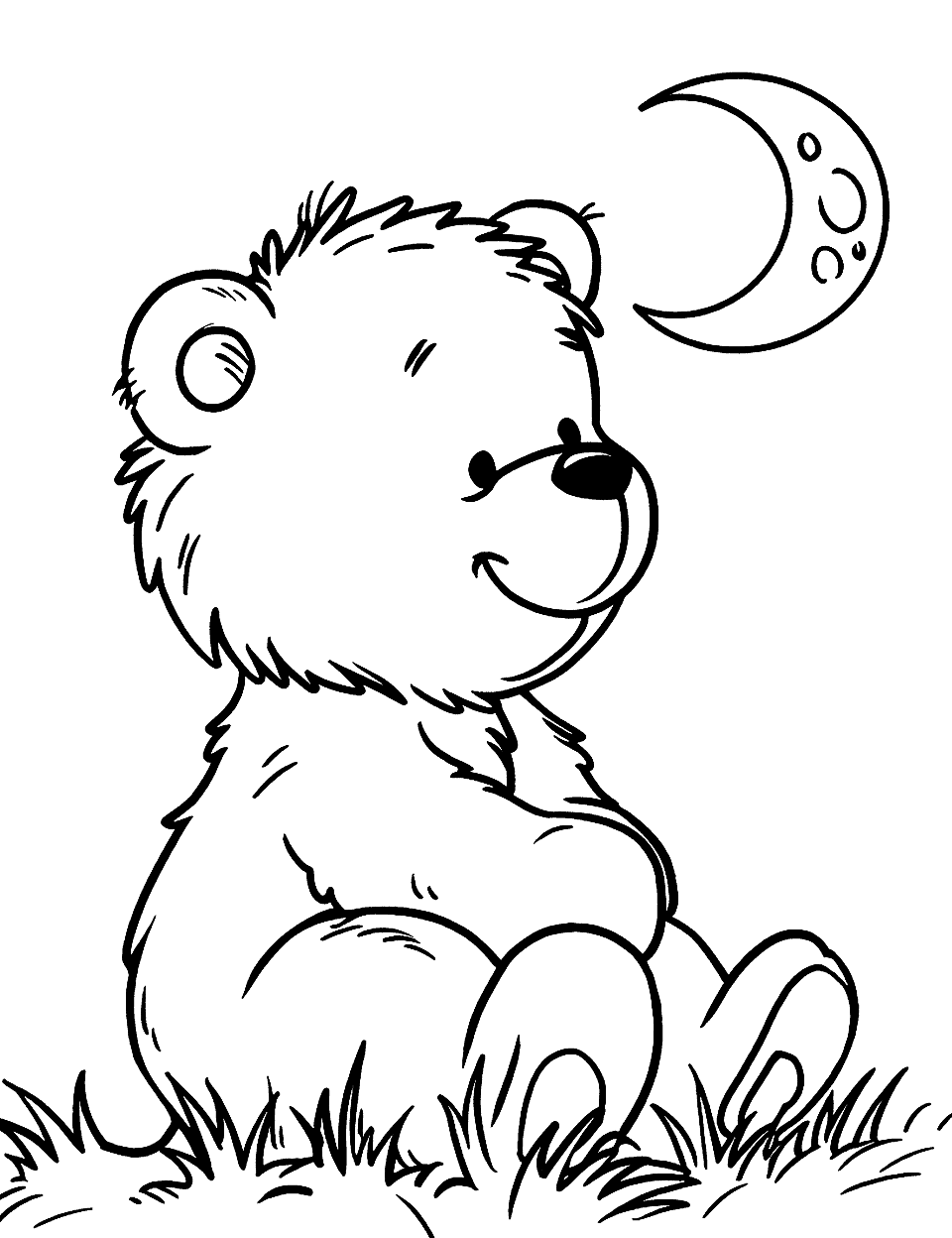 Teddy Bear and the Moon Coloring Page - A teddy bear sitting on the grass, gazing at the moon.