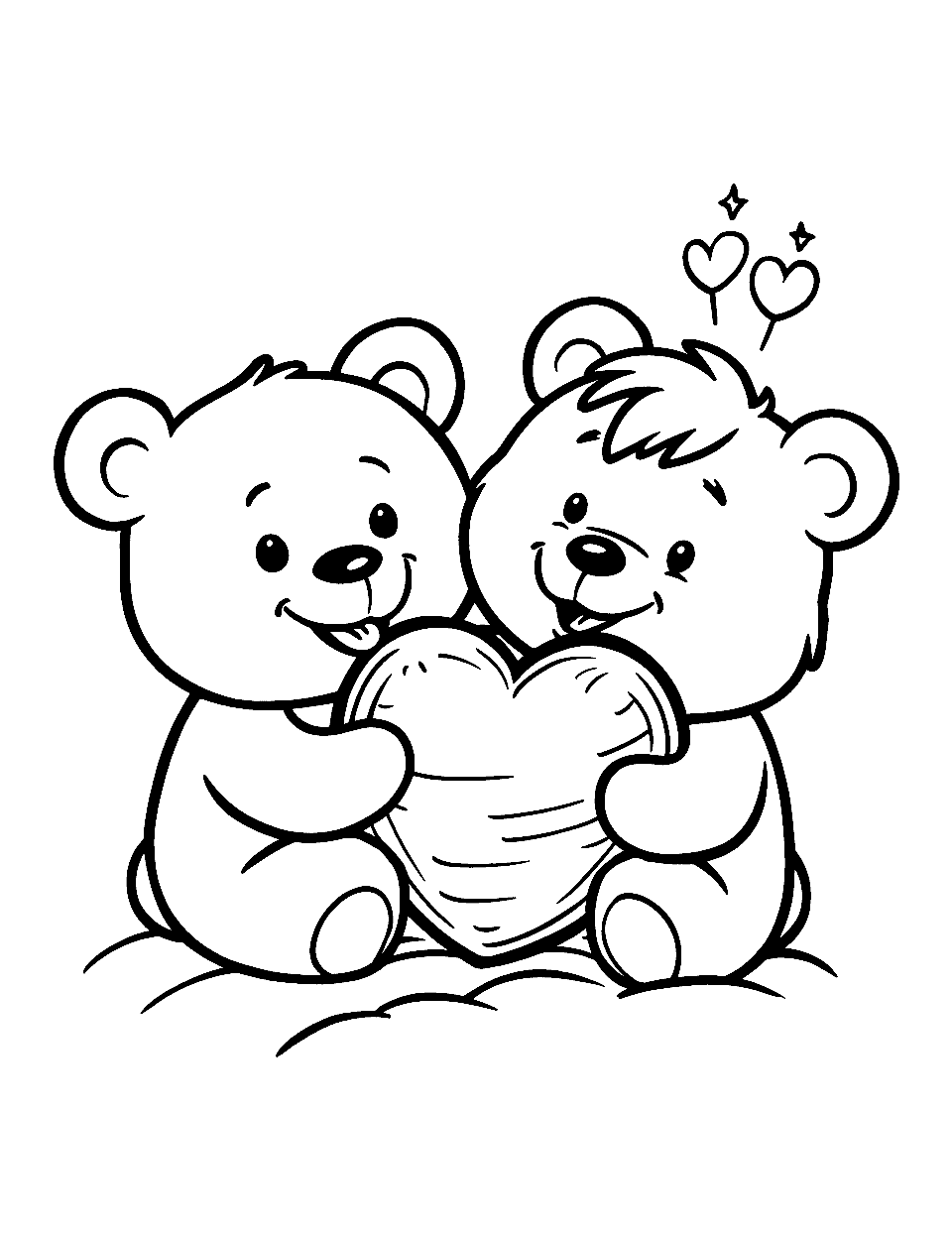 Teddy Bear Sharing a Heart Coloring Page - Two teddy bears holding a large heart together.
