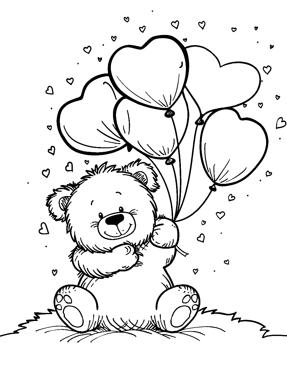 Valentine Teddy Bear Love Coloring Page - A teddy bear surrounded by heart-shaped balloons in celebration of Valentine’s Day.