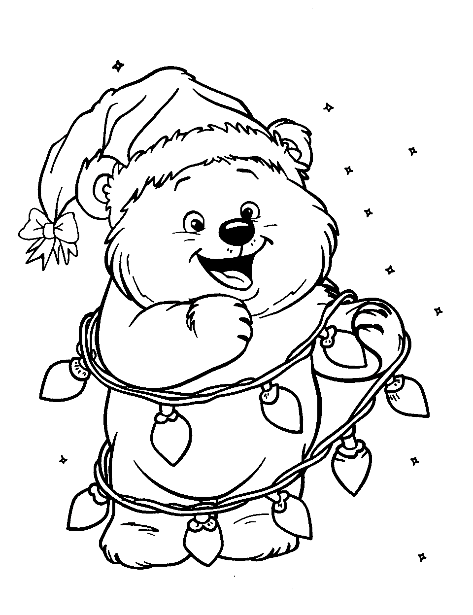 Christmas Teddy Bear Joy Coloring Page - A teddy bear wearing a Santa hat and tangled in Christmas lights.