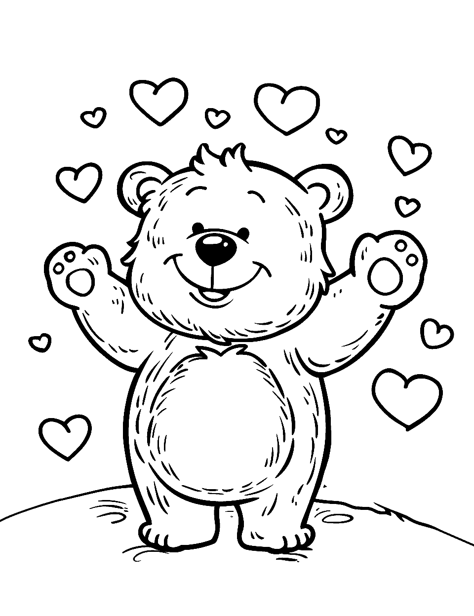 Teddy Bear Spreading Love Coloring Page - A teddy bear with arms wide open, surrounded by hearts.