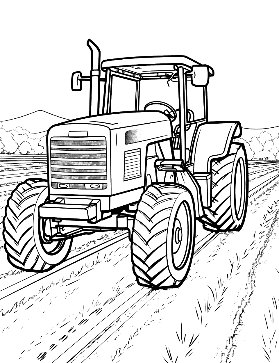 Tractor in the Field Coloring Page - A tractor plowing a field with rows of freshly turned soil.