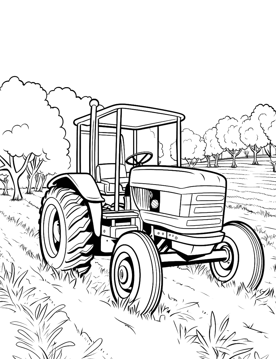 Tractor in the Orchard Coloring Page - A tractor maneuvering between rows of fruit trees in an orchard.