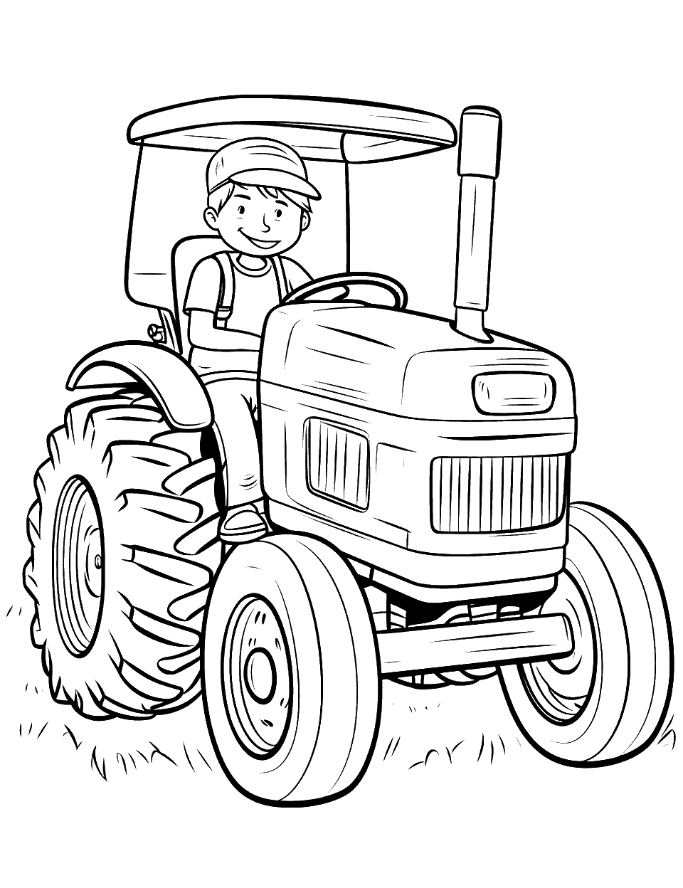 Farmer on a Tractor Coloring Page - A friendly farmer on the seat of his trusty tractor.