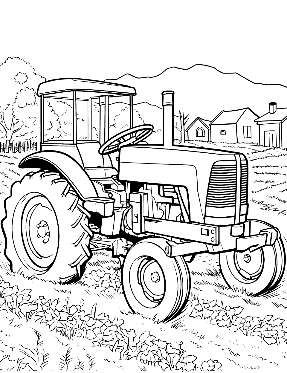 Tractor in the Vegetable Garden Coloring Page - A tractor tilling a small vegetable garden.