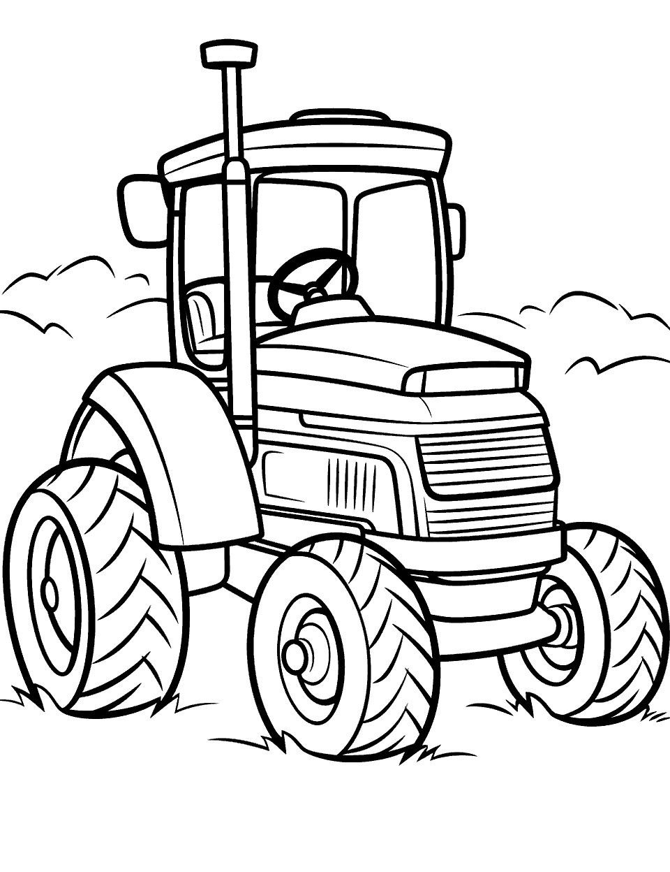 Cute Cartoon Tractor Coloring Page - A whimsically styled, cute cartoon tractor with exaggerated features.