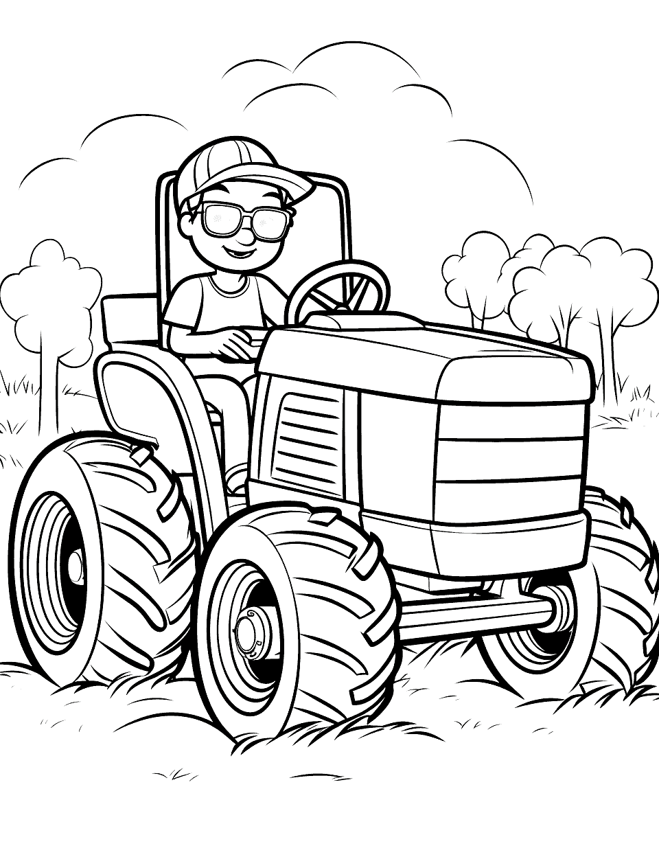 Blippi-Inspired Tractor Adventure Coloring Page - A colorful tractor in a style inspired by the children’s show character Blippi.