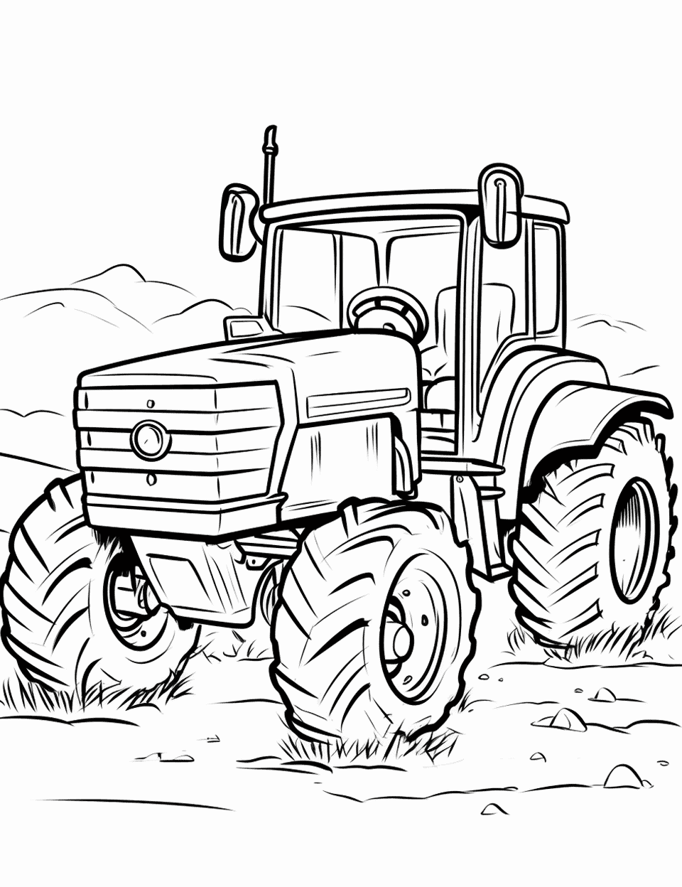 Working Tractor in the Mud Coloring Page - A robust tractor actively working, its wheels caked with mud.