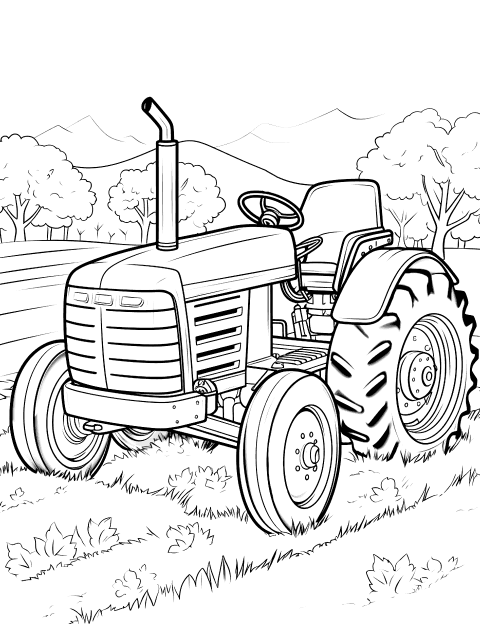 Vintage Tractor in the Fall Coloring Page - An old, vintage tractor with a backdrop of autumn leaves.