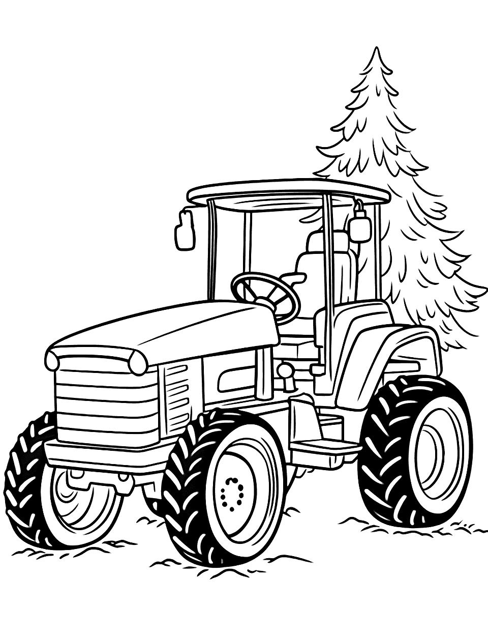 Tractor and a Christmas Tree Coloring Page - A festive scene with a tractor carrying a freshly cut Christmas tree.
