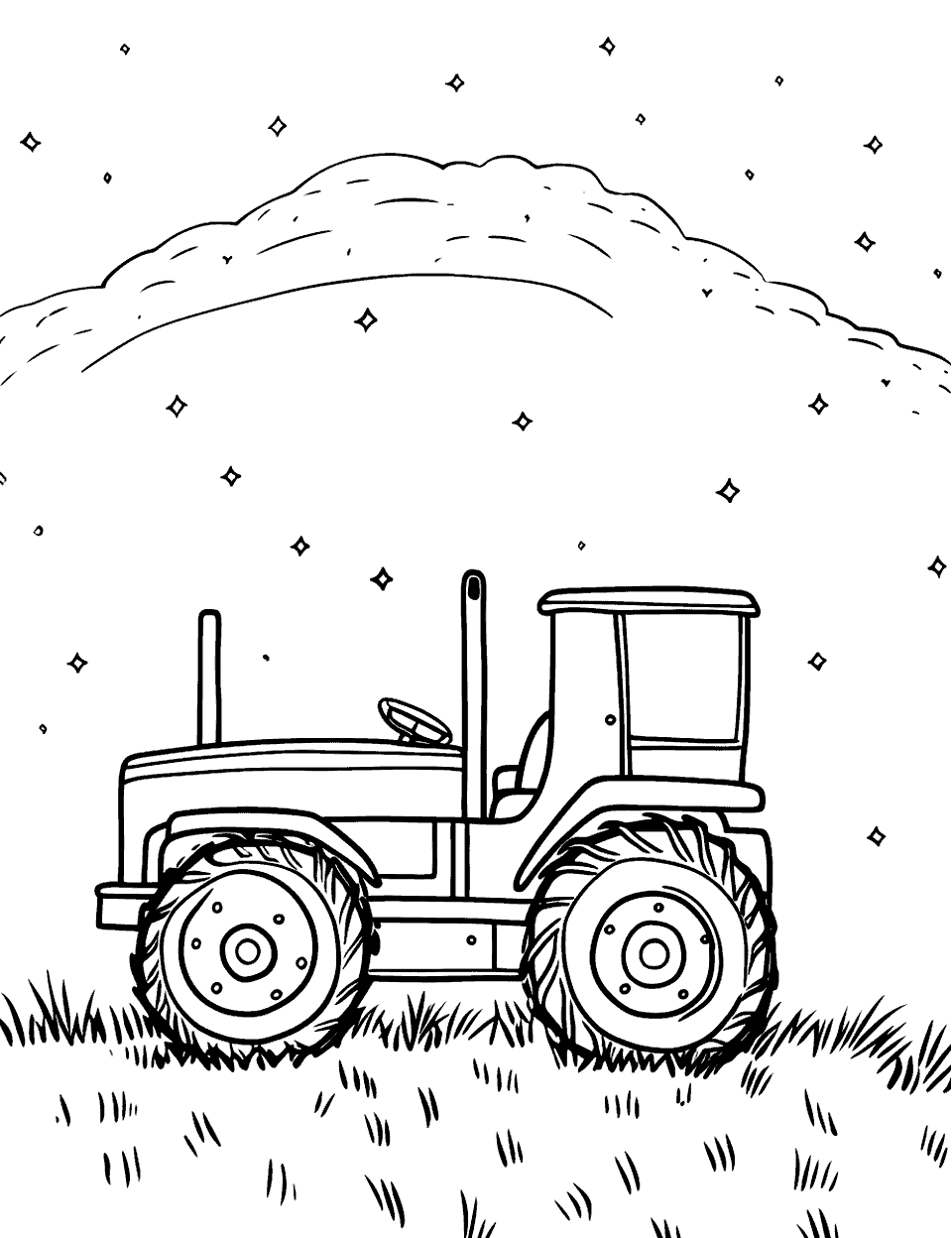 Tractor Under the Stars Coloring Page - A night scene with a tractor silhouetted against a starry sky.