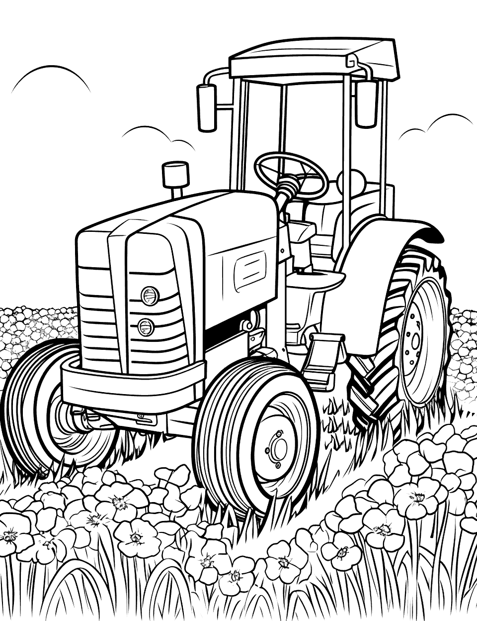 Springtime Tractor and Tulips Coloring Page - A tractor amidst a field of tulips in full bloom.