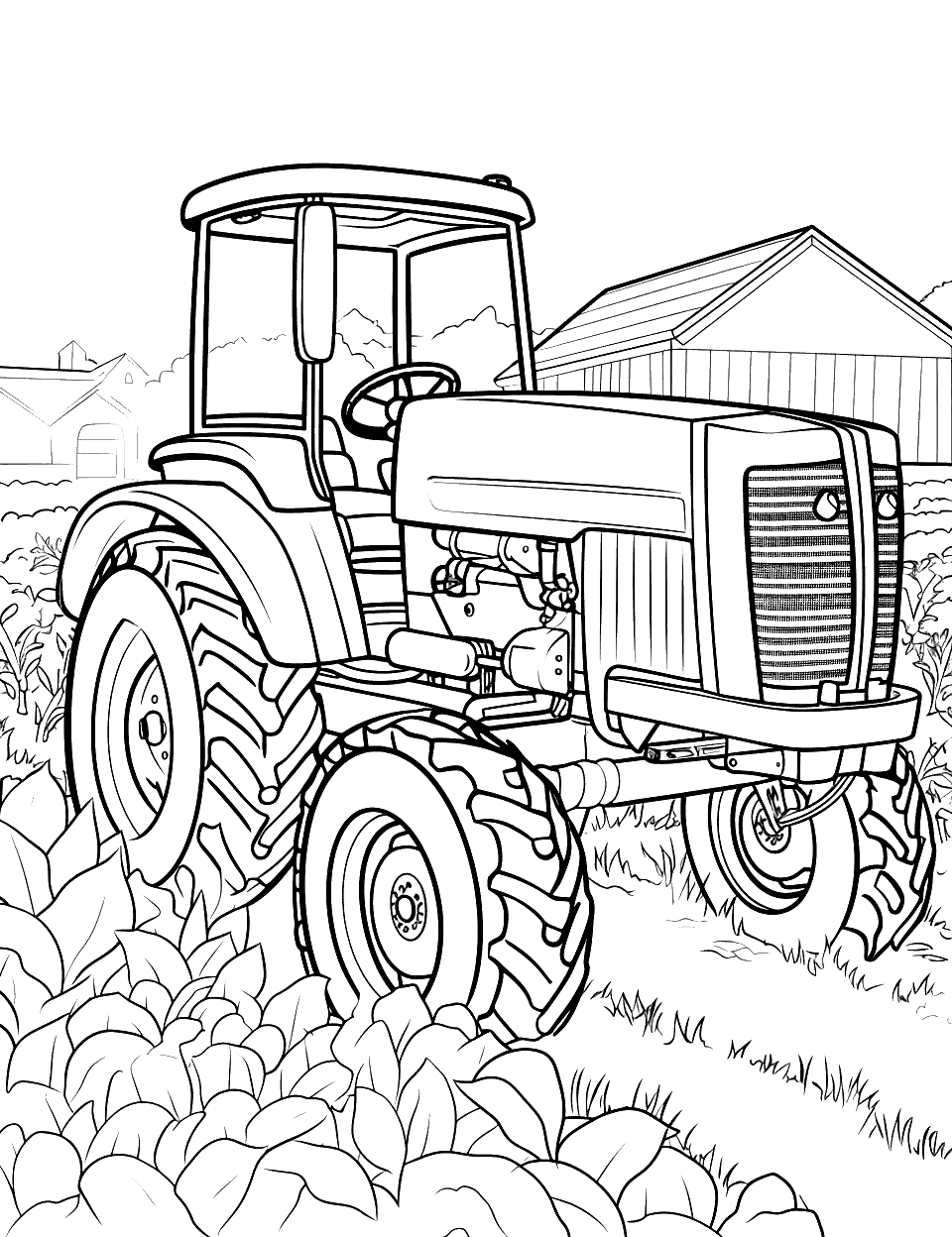 Small Tractor in a Vegetable Patch Coloring Page - A compact tractor working in a lush vegetable garden.