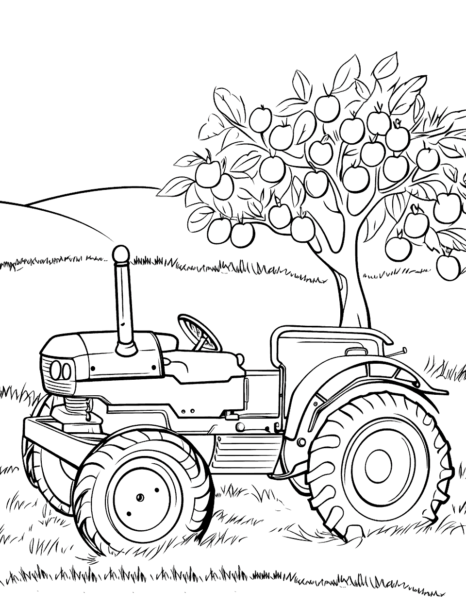 Tractor by the Apple Orchard Coloring Page - A tractor near an apple orchard with apples ready for harvest.