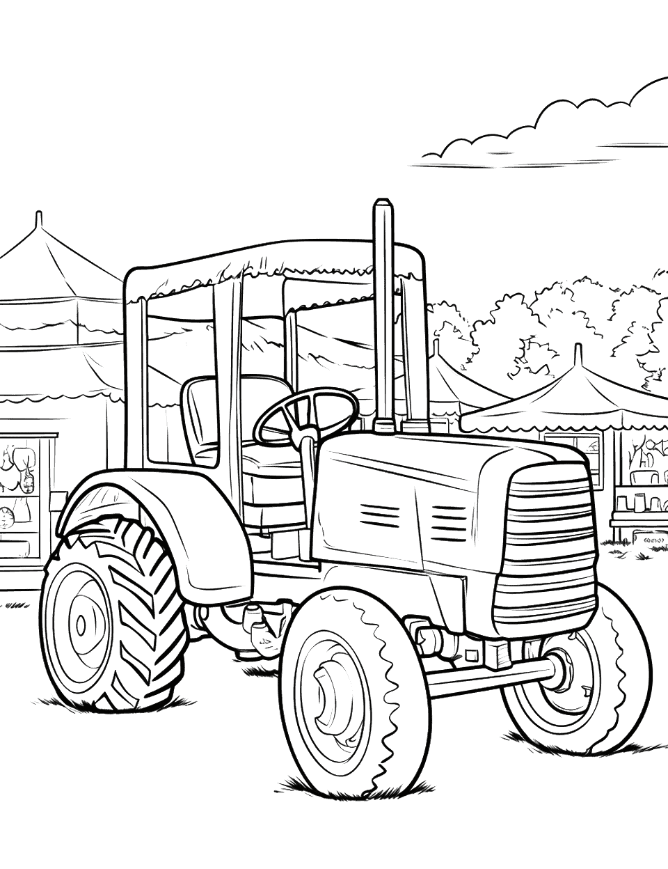 Tractor at the County Fair Coloring Page - A scene depicting a tractor on display at a bustling county fair.