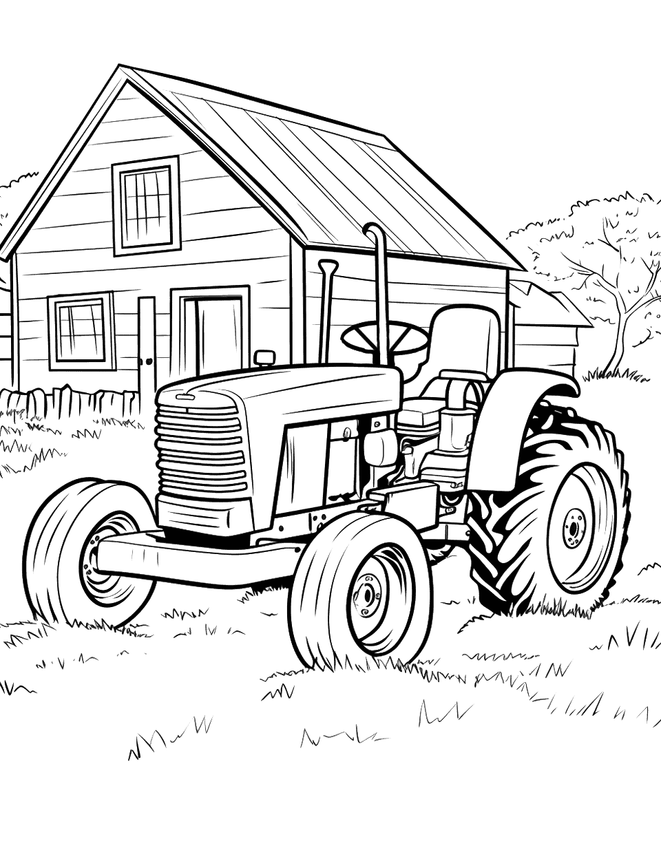 Tractor Near the Barn Coloring Page - A tractor parked beside a traditional wooden barn.