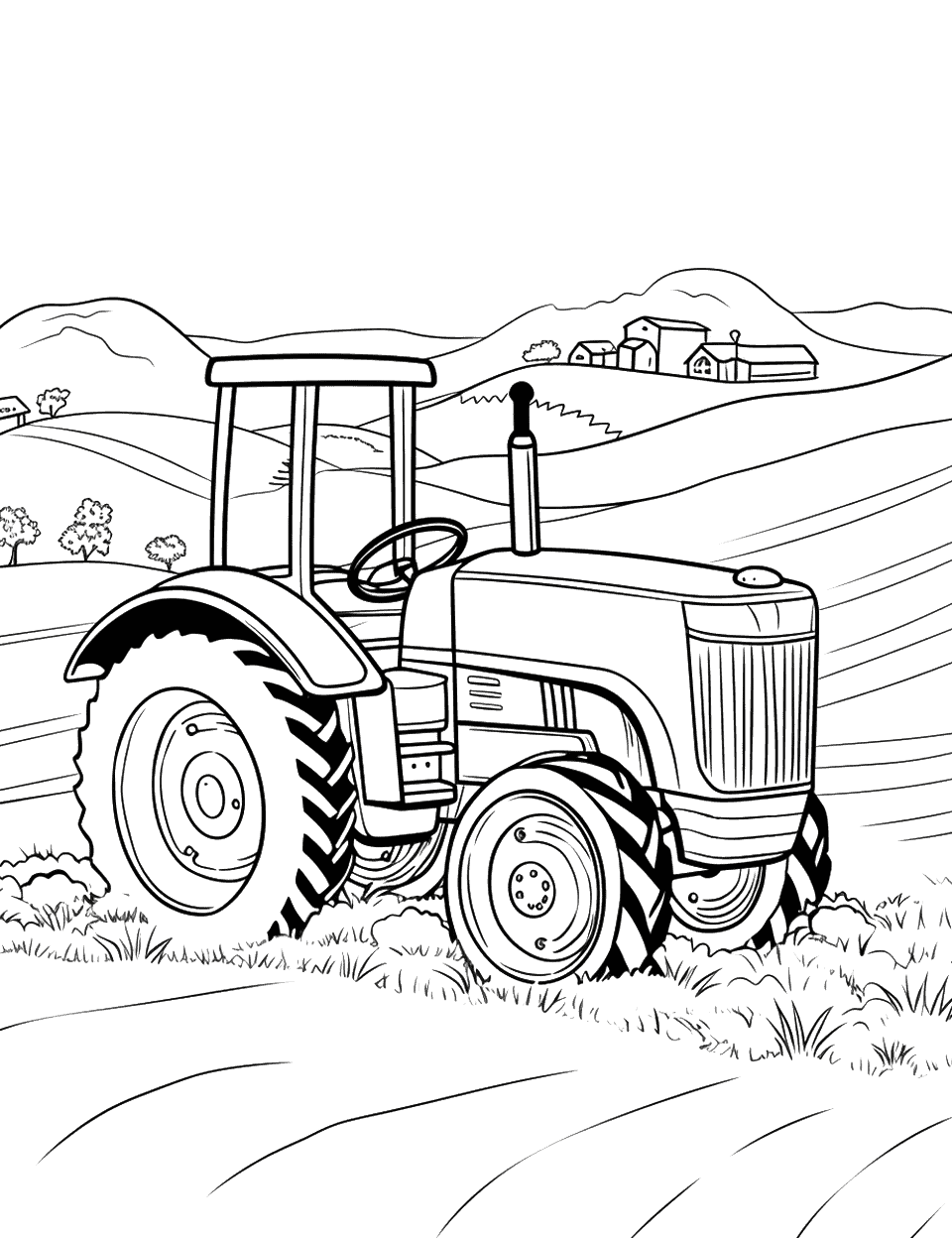 Tractor on a Hill Coloring Page - A tractor positioned on a hill, overlooking a vast farm landscape.