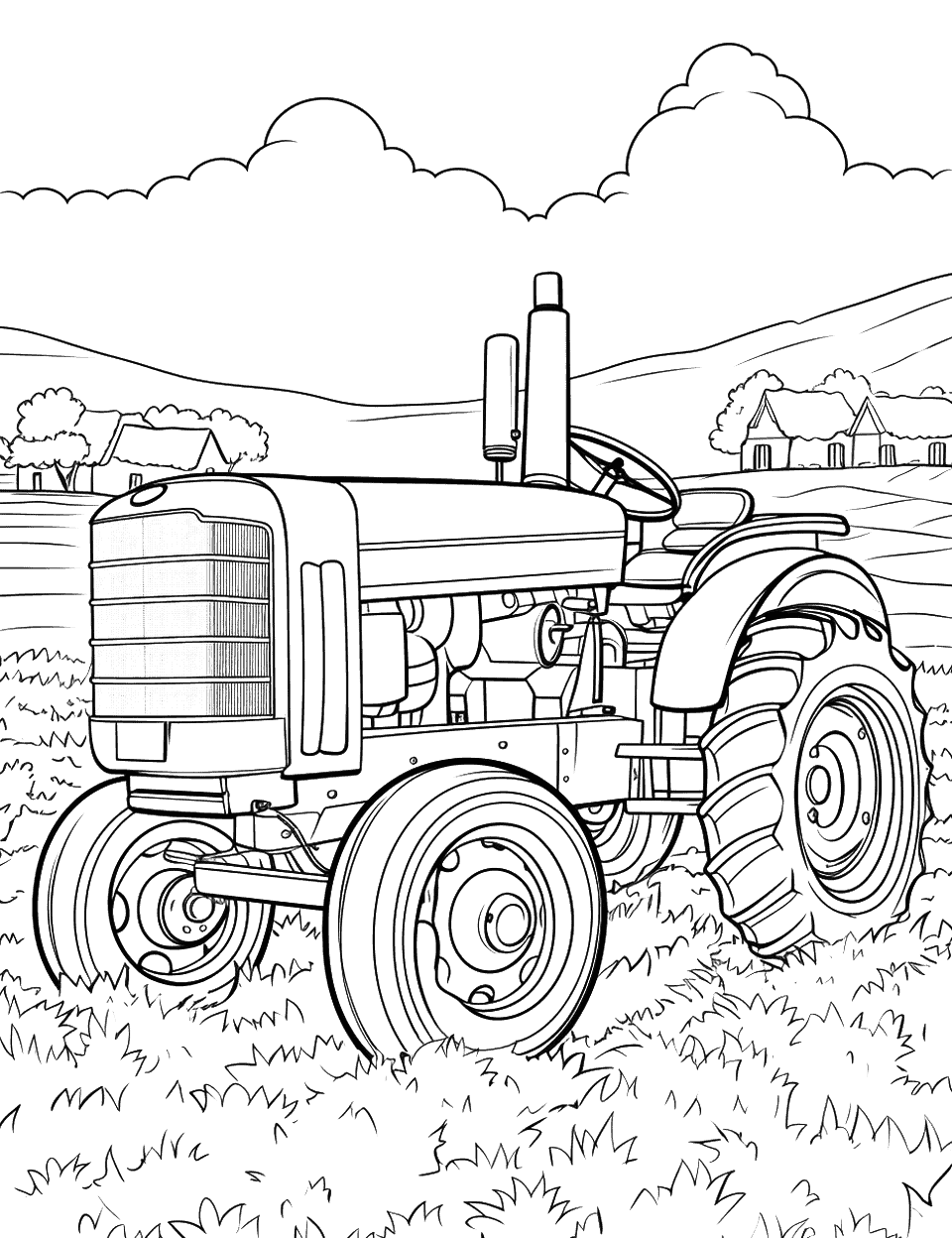 Tractor During Harvest Coloring Page - A tractor in the midst of a busy harvest.