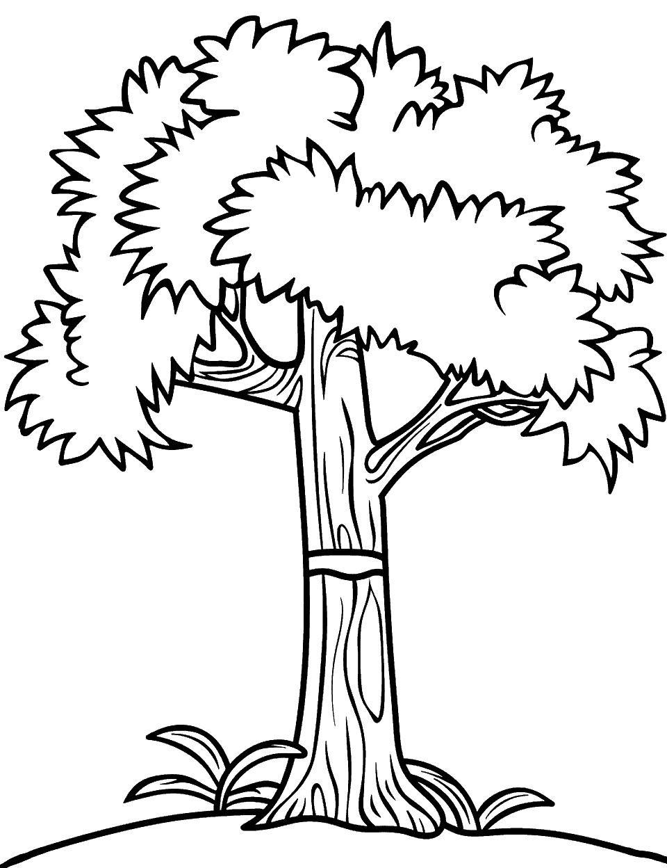 Simple Oak Tree Coloring Page - A large oak tree with a thick trunk and expansive branches, standing alone.