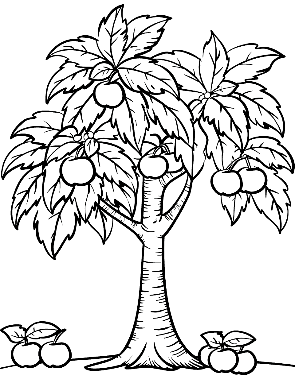 Apple Tree Harvest Coloring Page - An apple tree full of apples, with a few fallen on the ground.