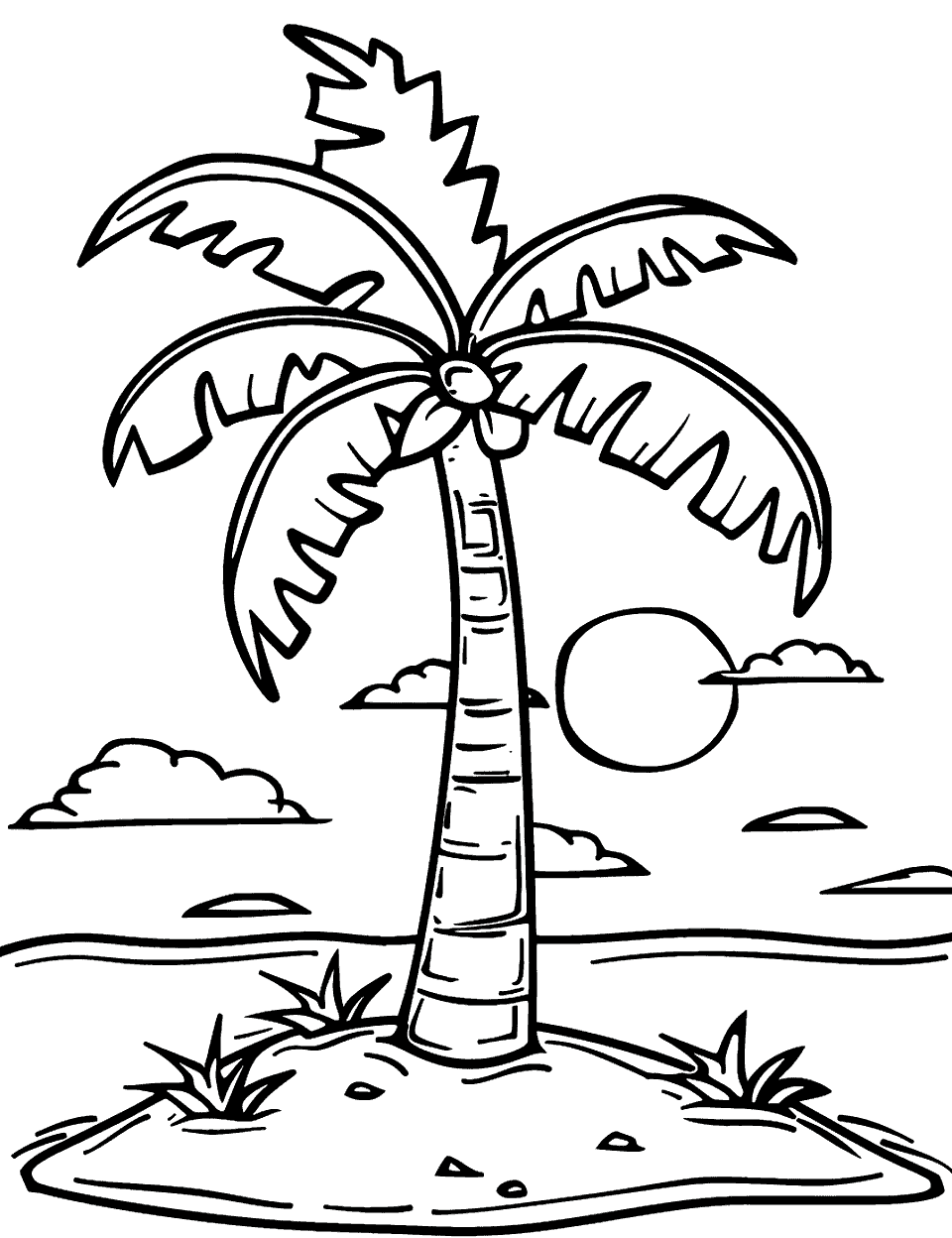 Sunny Palm Tree Coloring Page - A lone palm tree on a small island, with the sun shining brightly behind.