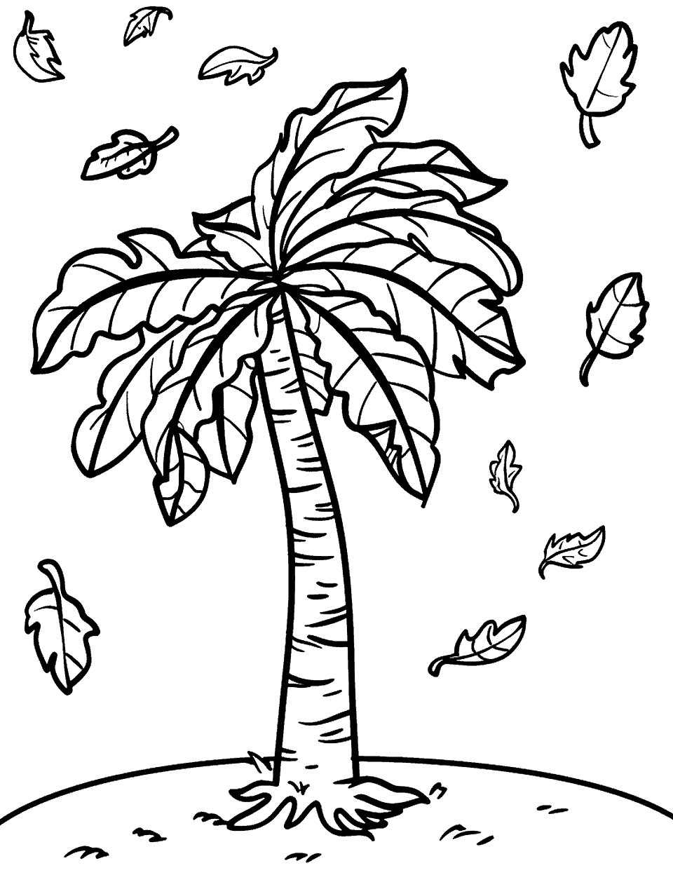 Autumn Leaf Collection Coloring Page - Various leaves falling around a small tree.