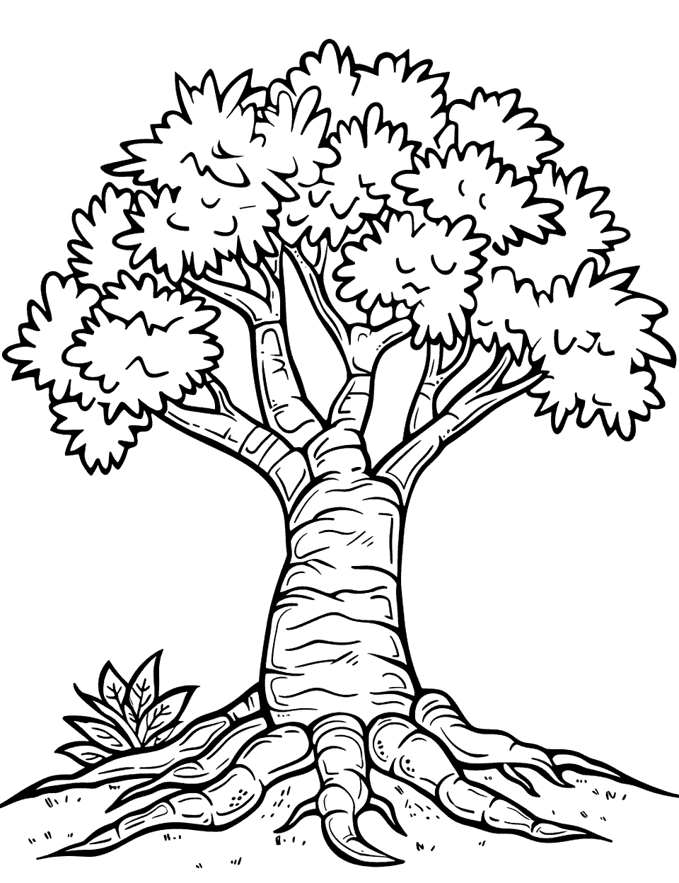 Nature's Majesty Coloring Page - A tree with a wide canopy and roots extending outward, symbolizing strength.