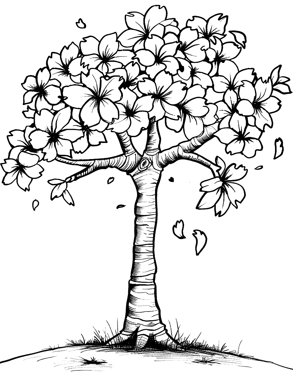 Cherry Blossom Serenity Coloring Page - A gentle cherry blossom tree in full bloom, with petals floating in the air.