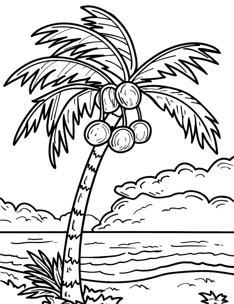 Tropical Coconut Tree Coloring Page - A coconut tree with coconuts hanging from its branches near the beach.