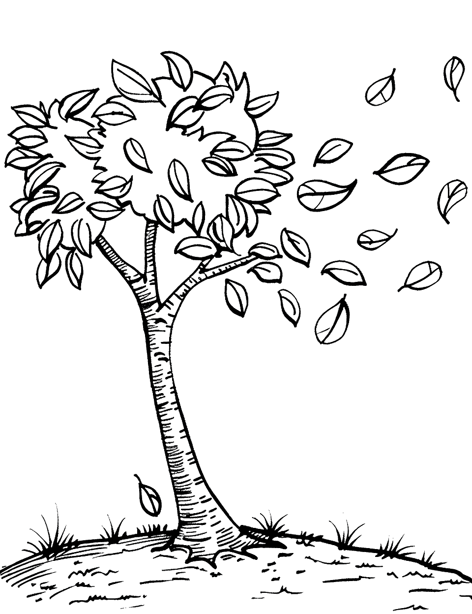 Fall Leaves Scattering Coloring Page - A scene with leaves falling from a tree.