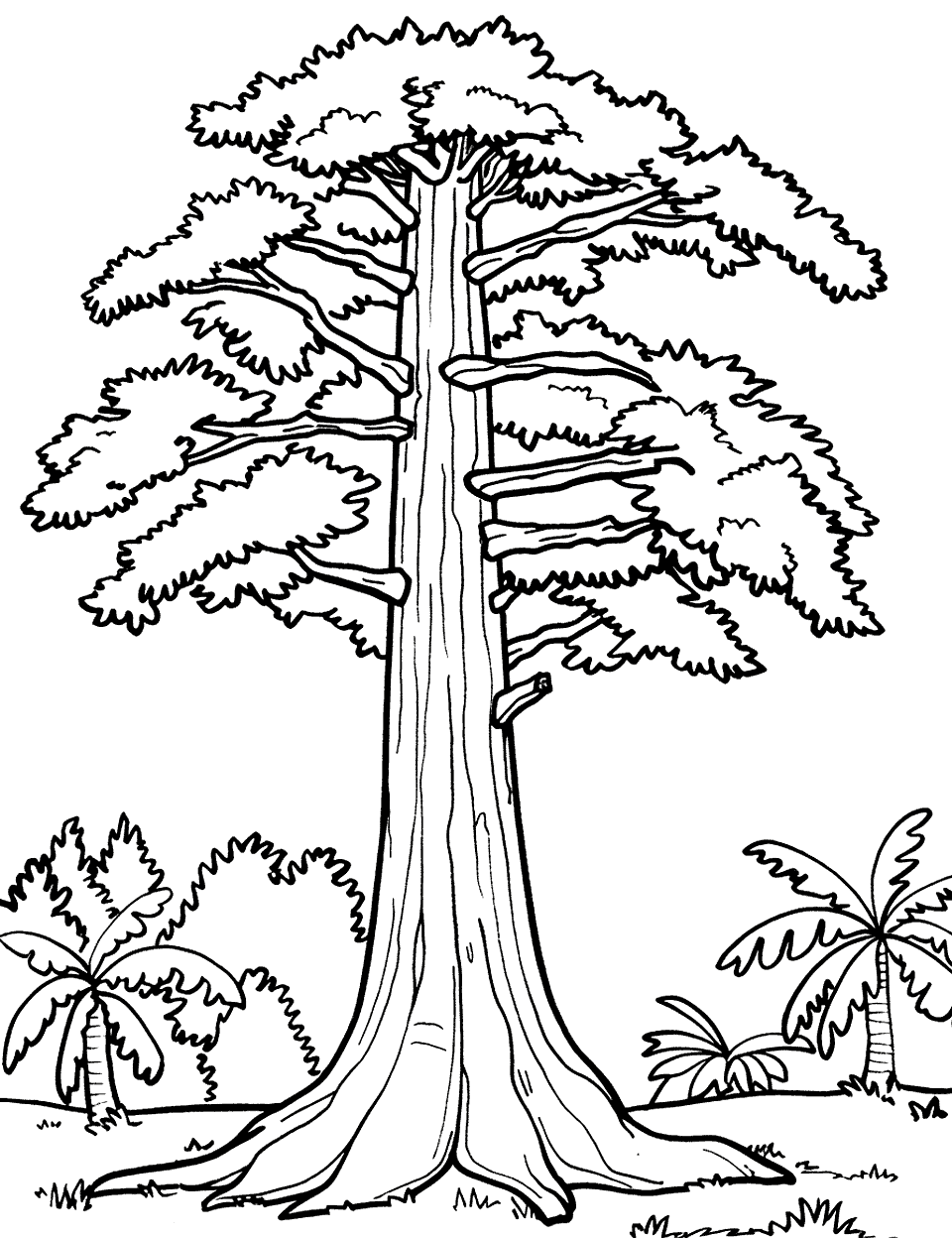 Giant Sequoia Coloring Page - An enormous sequoia tree towering over the forest floor.