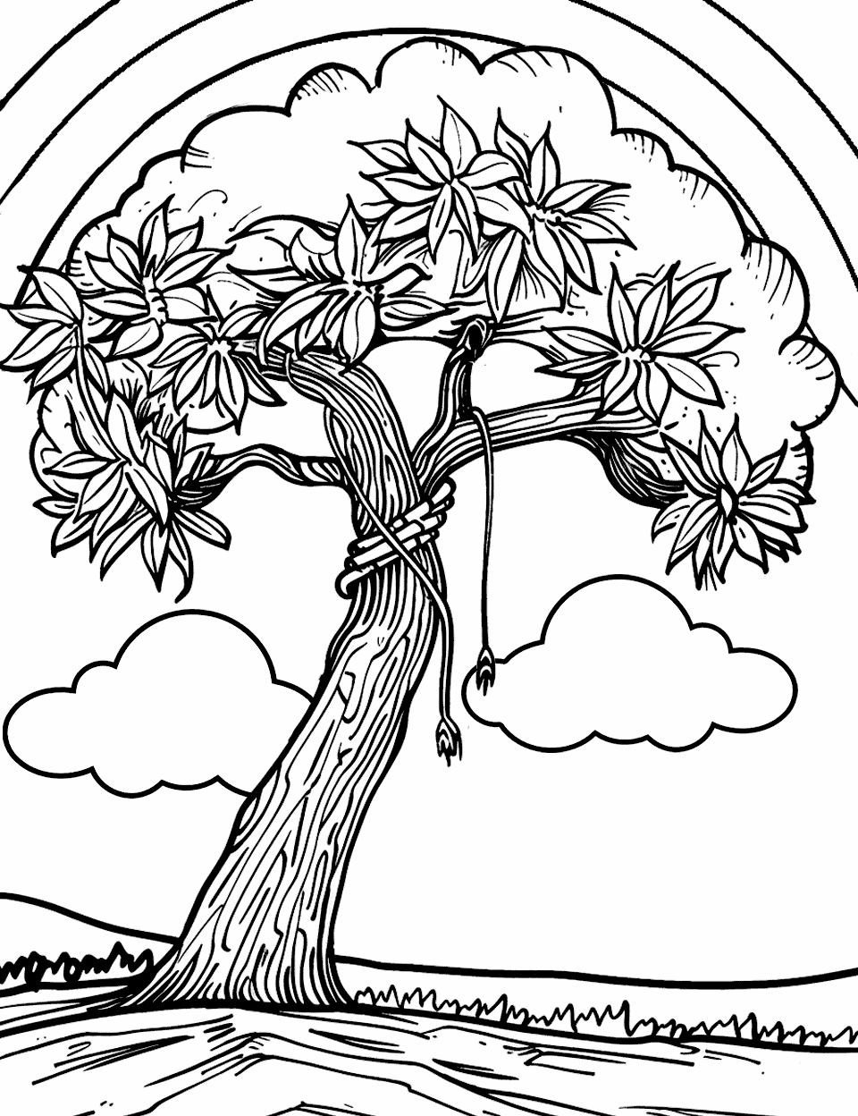 Rainbow Behind a Tree Coloring Page - A large tree in the foreground with a vibrant rainbow in the background.