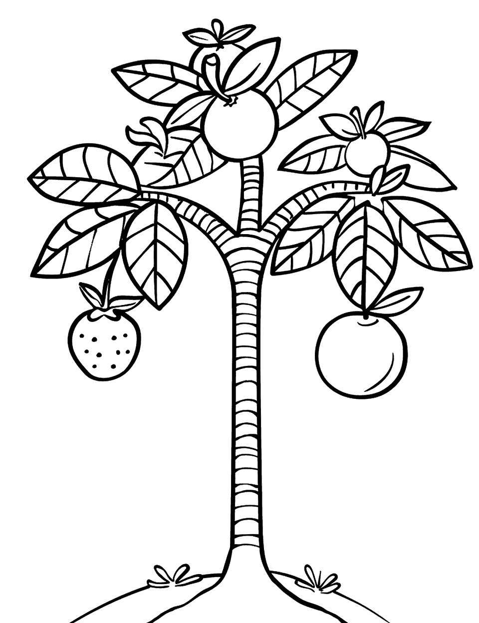 Fruit Tree Sampler Coloring Page - A tree with branches bearing different kinds of fruits.