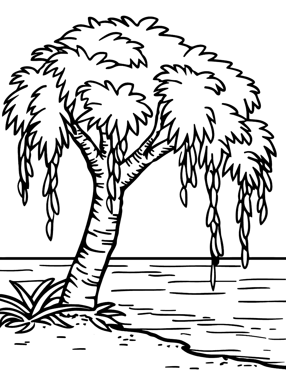 Willow by the Water Coloring Page - A weeping willow tree beside a calm lake.