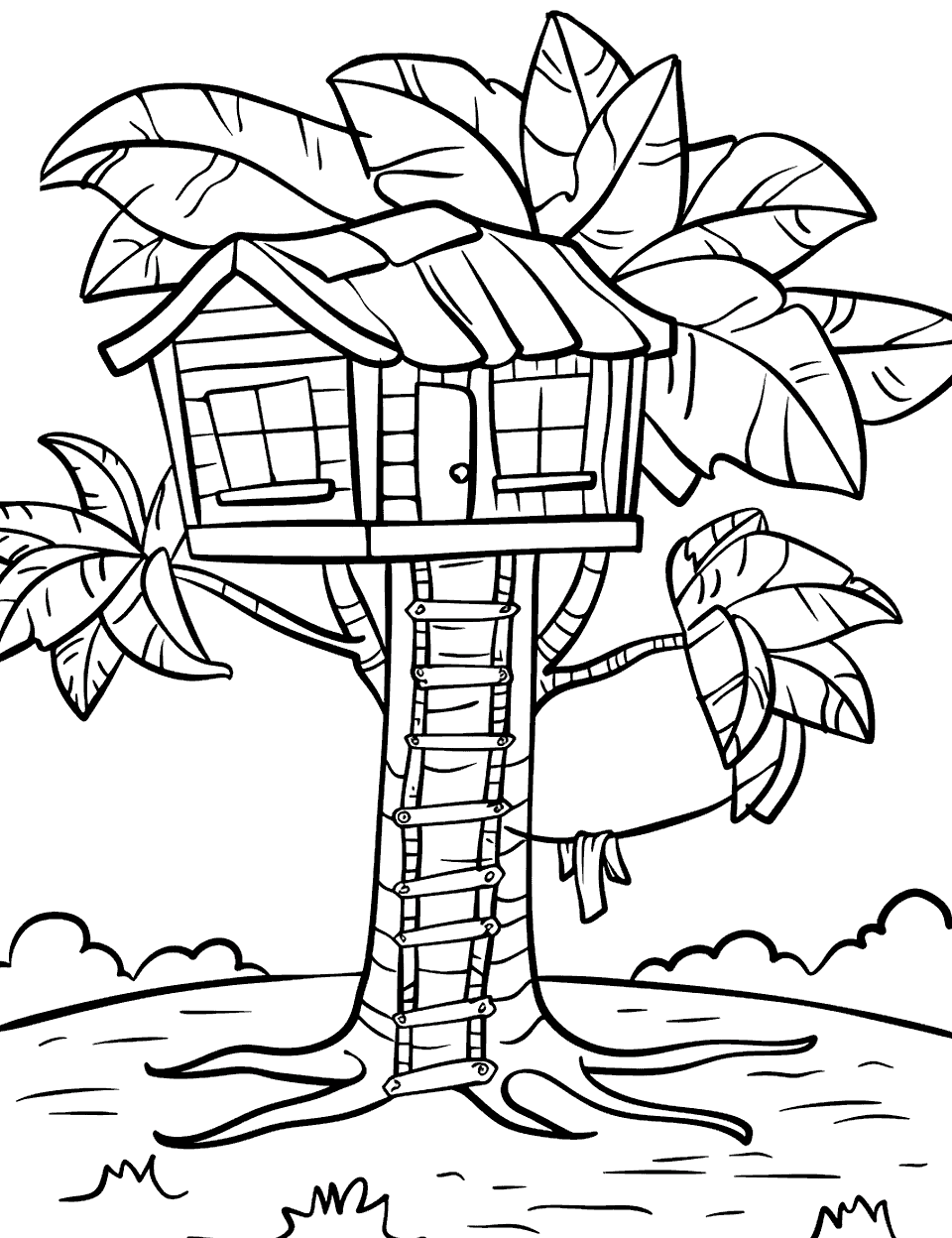 Tree House Adventure Coloring Page - A simple tree house built on the branches of a sturdy tree.