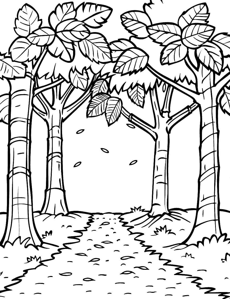 Forest Pathway Coloring Page - A path lined with trees, their leaves in shades of autumn.