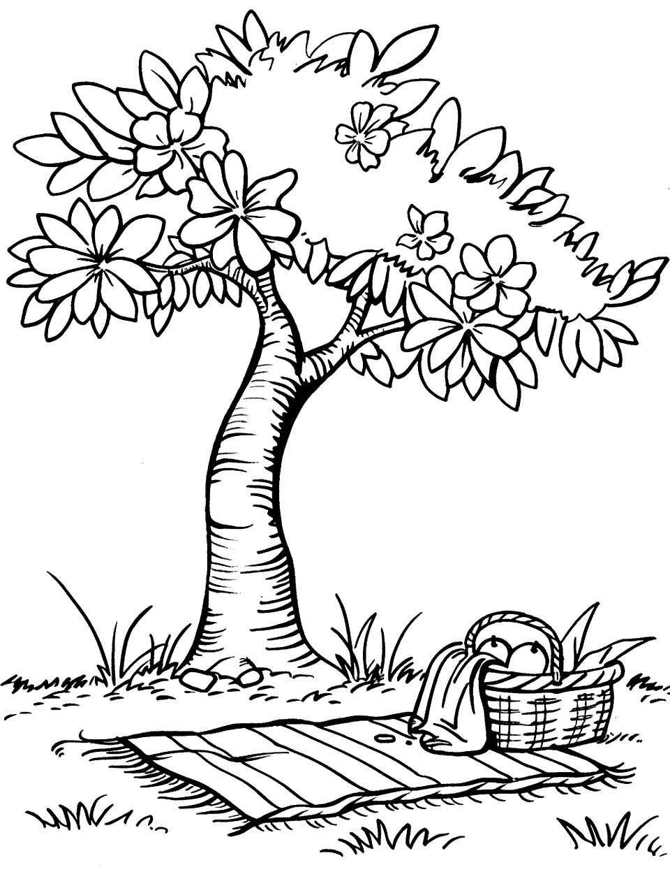 Spring Picnic Under a Tree Coloring Page - A picnic blanket and basket under a tree in full spring bloom.