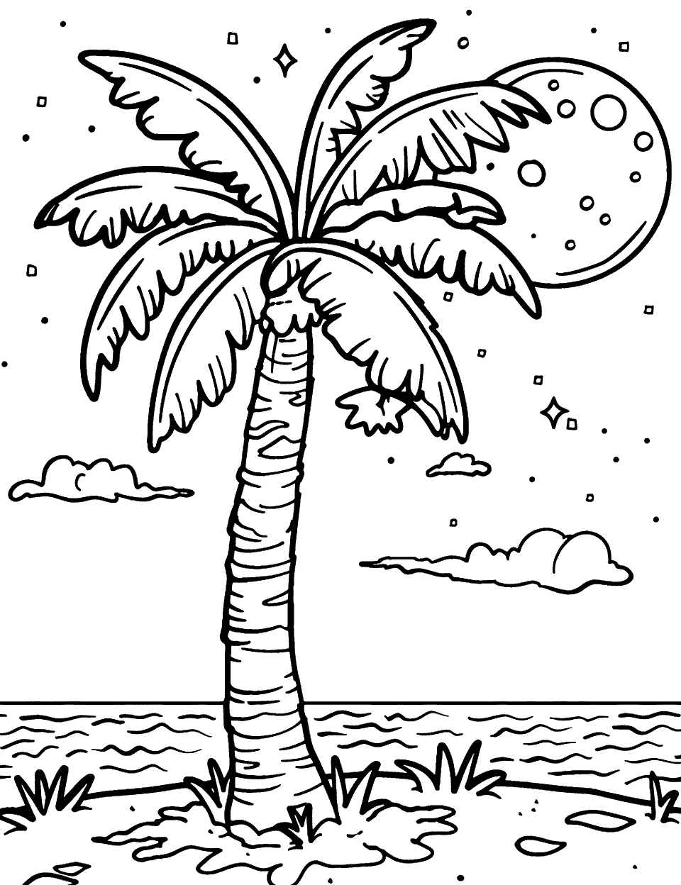 Moonlit Palm Tree Coloring Page - A palm tree under a full moon.