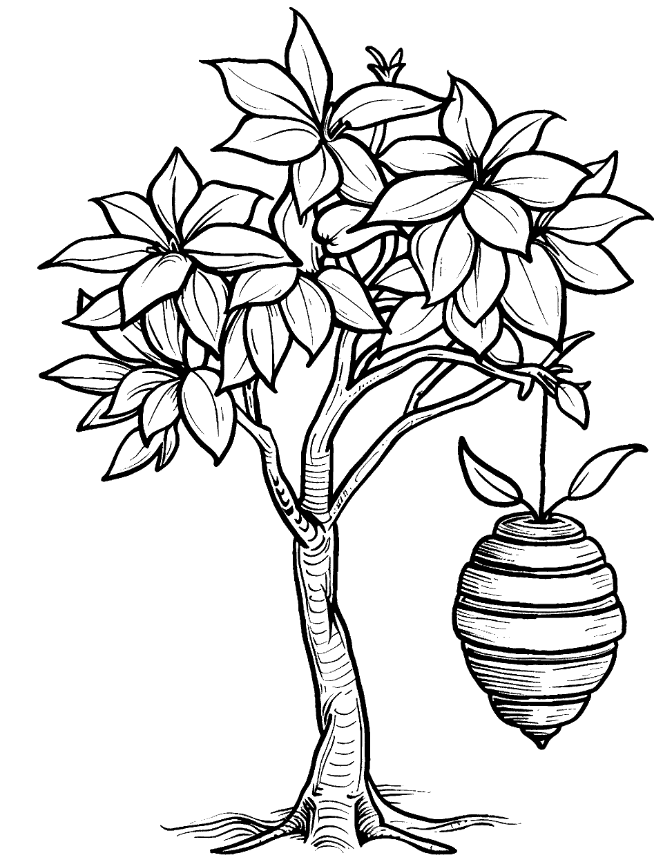 Beehive in an Tree Coloring Page - A beehive hanging from a branch of a tree.