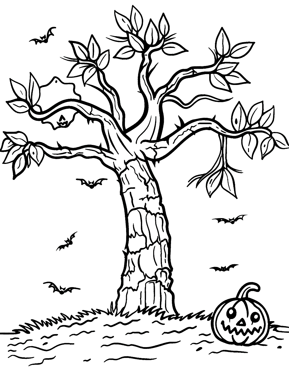 Spooky Halloween Tree Coloring Page - A bare tree with a few leaves, perfect for a Halloween scene.