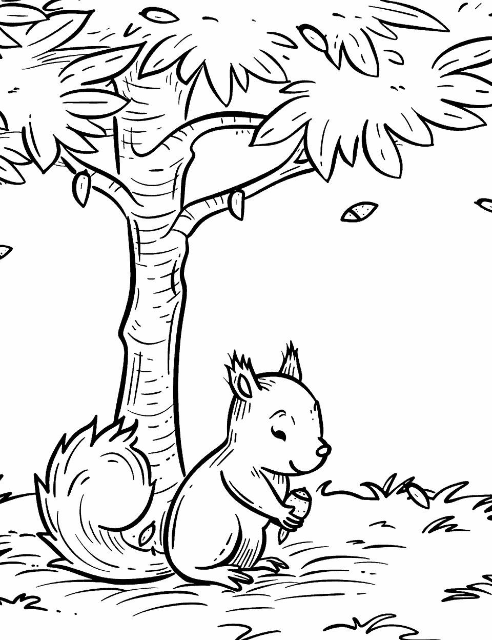 Cute Squirrel Gathering Acorns Coloring Page - A squirrel under an oak tree, collecting acorns for winter.